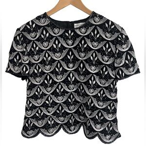PAPELL BOUTIQUE 100% Silk Black Silver Beaded Embroidered Floral Formal Top PL